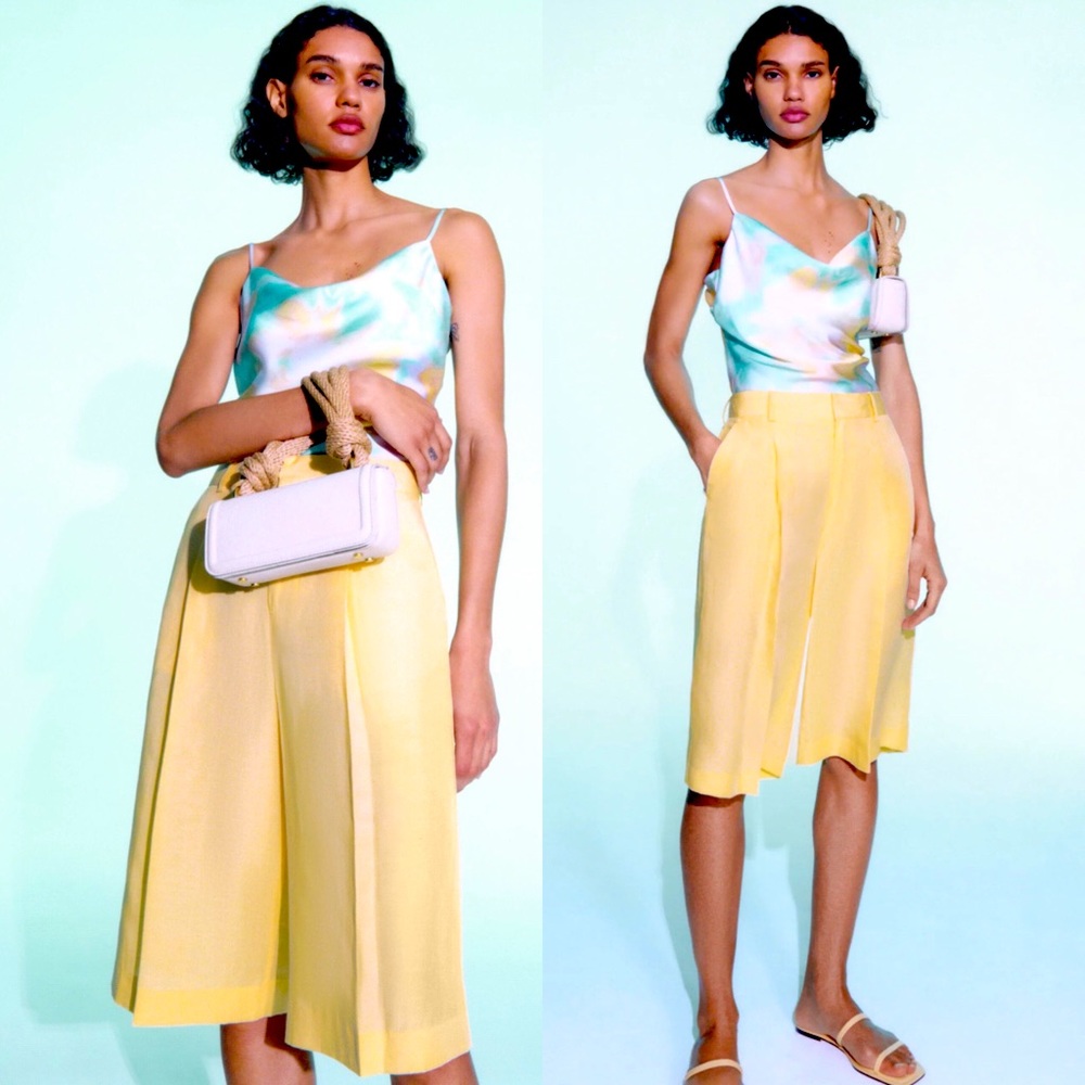 Zara LONG PLEATED SHORTS High-waist YELLOW NEW